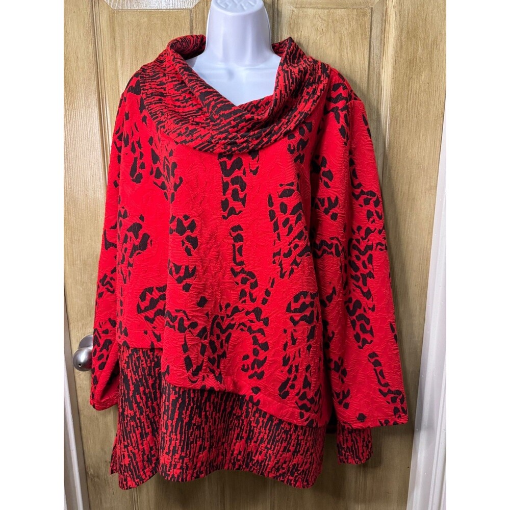 Ali Miles Top Womens 1X Red Black Geometric Cowl Neck Tunic Artsy Boxy